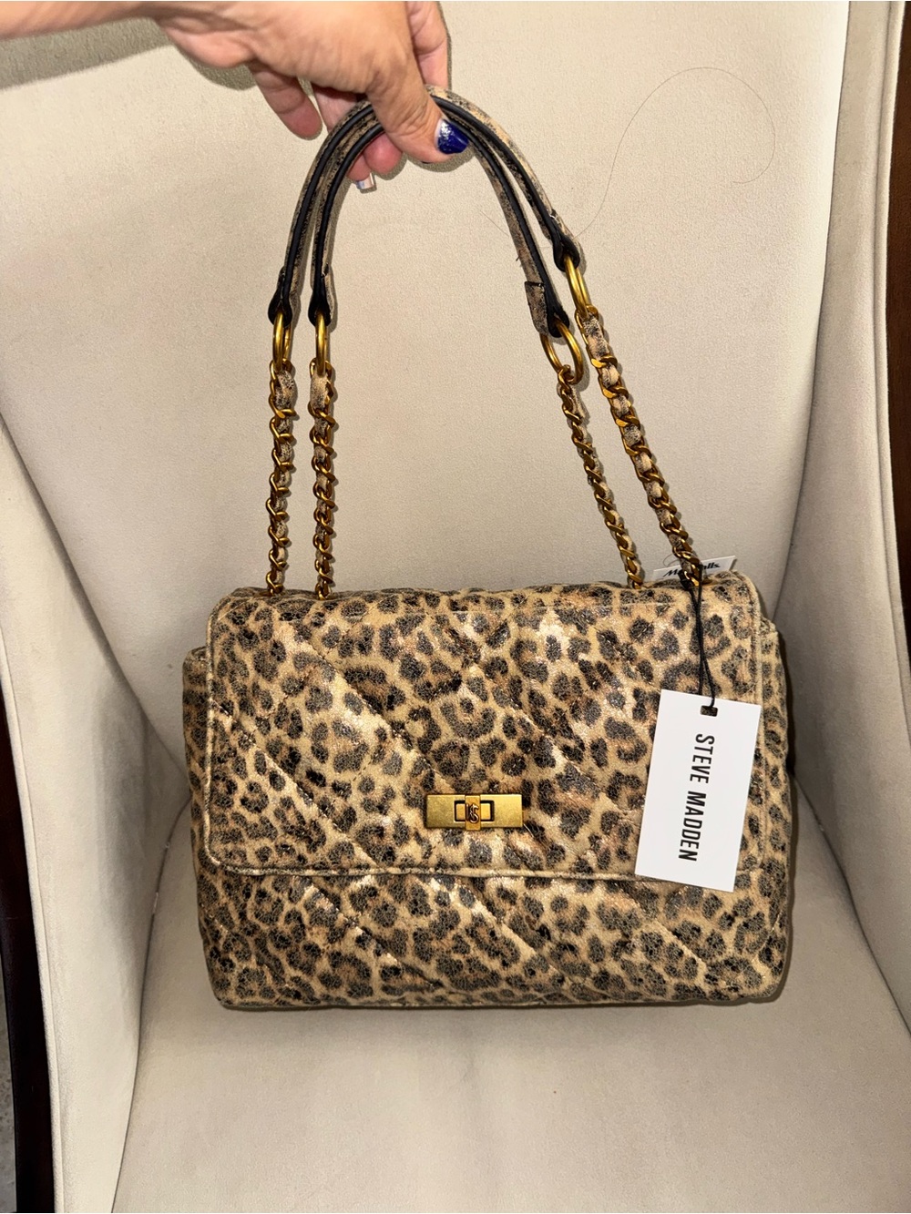 Steve Madden Leopard-Print Chain Shoulder Bag - Gold Hardware